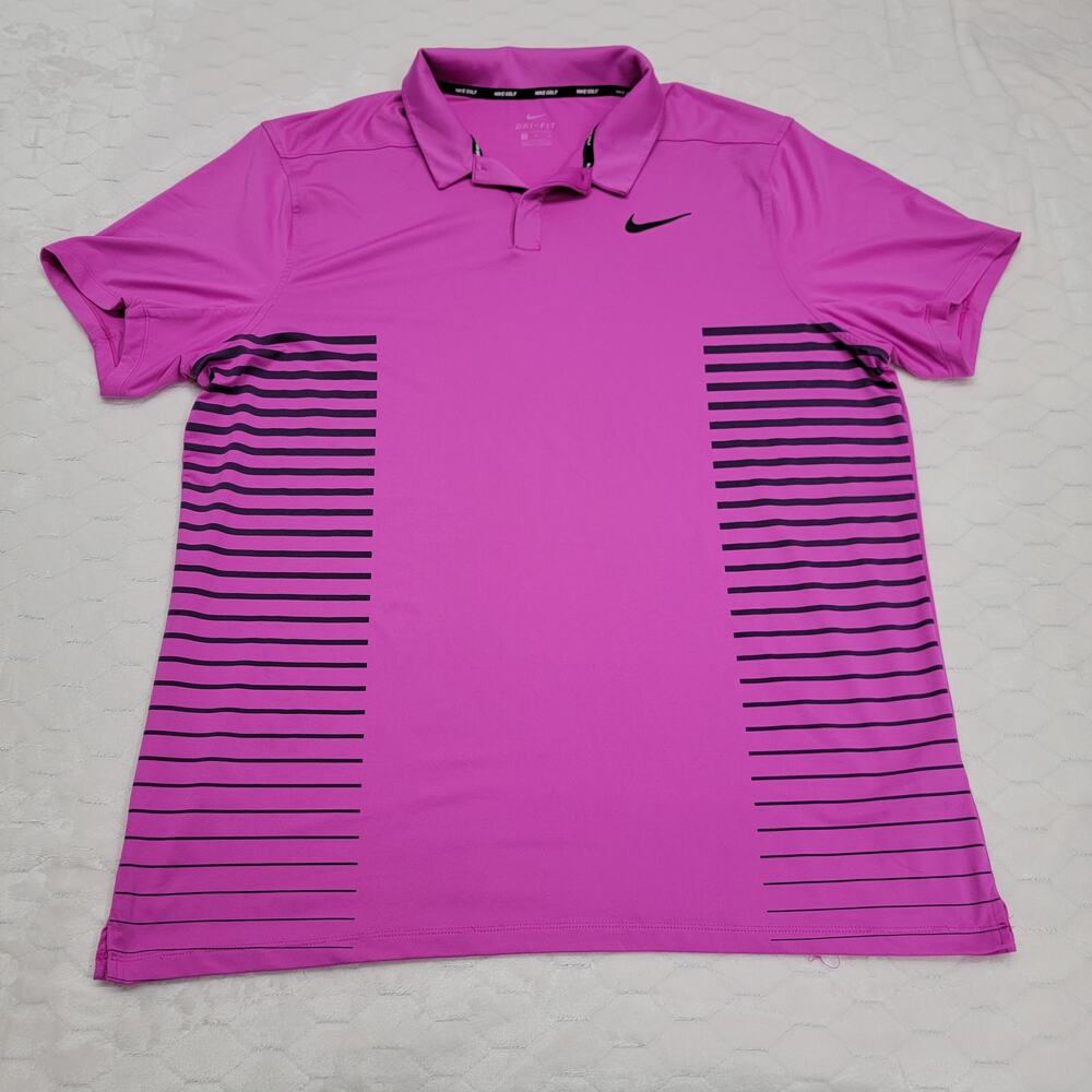 Nike Golf XL Dri-Fit Dry Momentum Polo Shirt Pink Black Striped Patrick Reed
